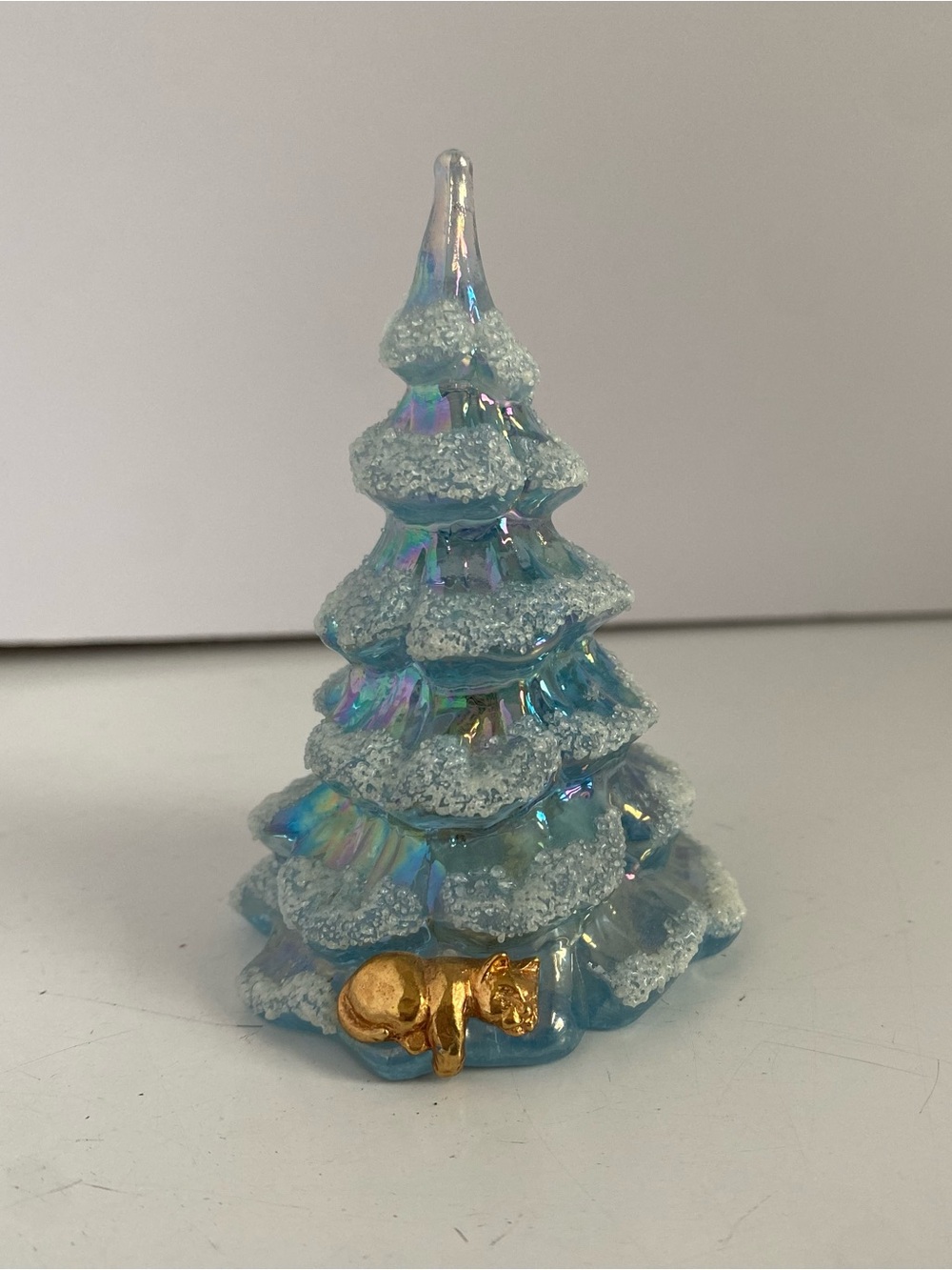 Vintage Fenton 3" Blue Iridescent Flocked Christmas Tree w/Gold Cat